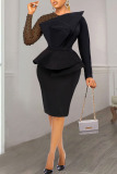 Black Elegant Solid Patchwork Beading O Neck One Step Skirt Dresses