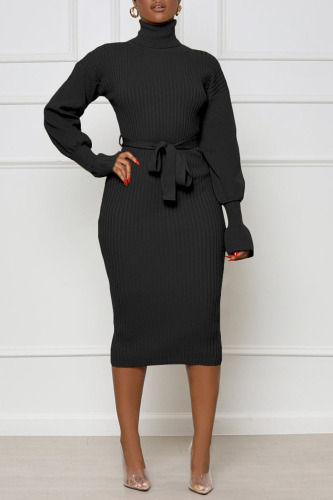 Black Wine Red High Neck Lantern Sleeve Waist Lace Up Bodycon Knit Midi Sweater Dress For Casual & Party Wear