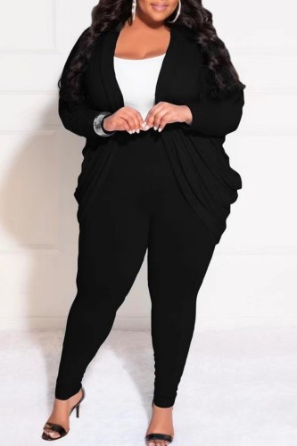 Black Casual Solid Cardigan Pants Cardigan Collar Plus Size Two Pieces