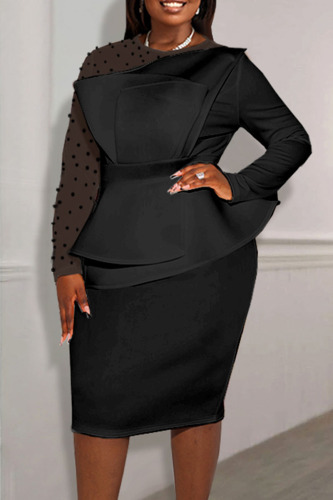 Black Elegant Solid Patchwork Beading O Neck One Step Skirt Dresses