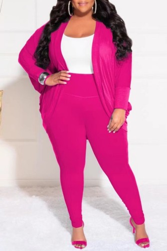 Rose Red Casual Solid Cardigan Pants Cardigan Collar Plus Size Two Pieces