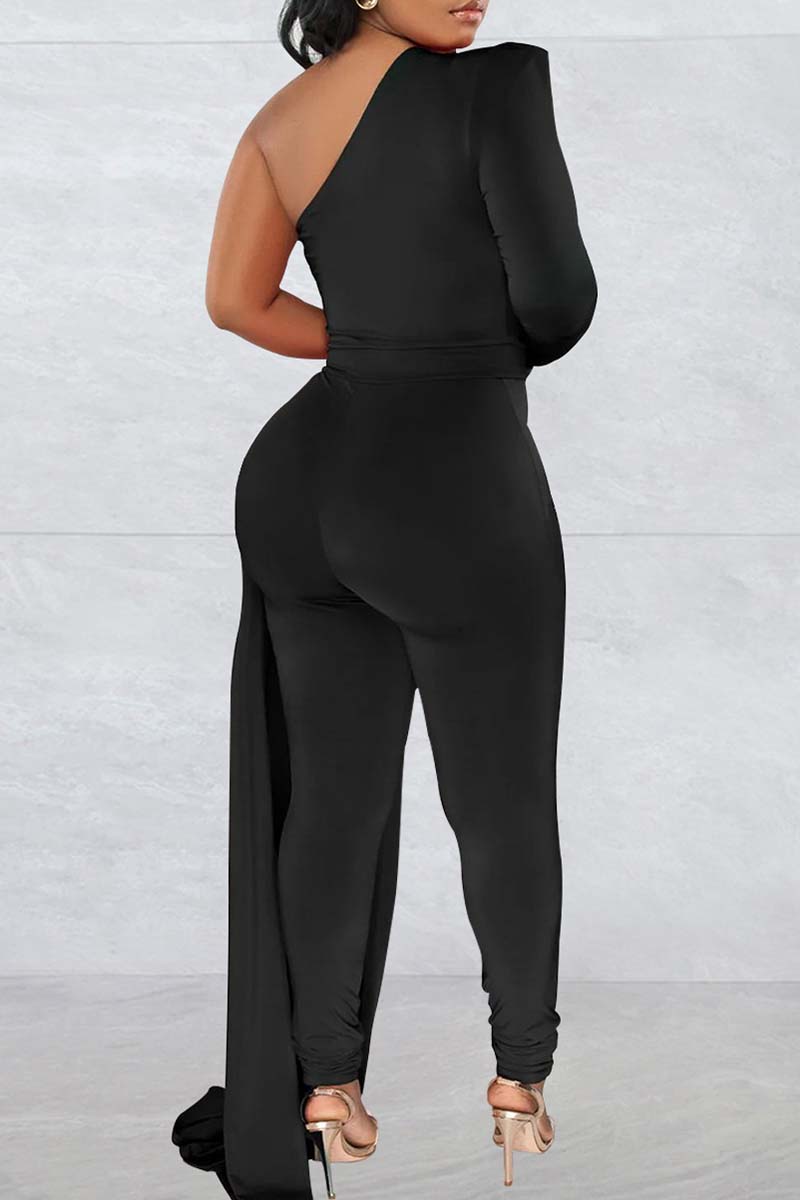 Casual Solid Backless Oblique Collar Regular Jumpsuits