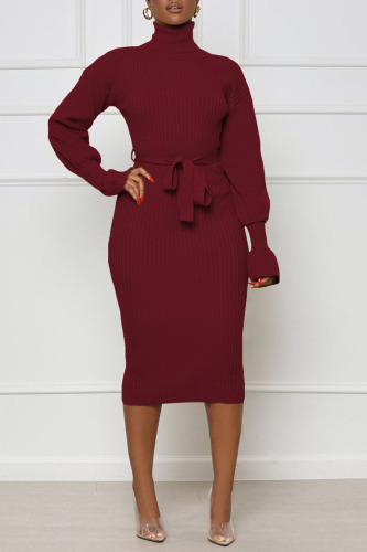Burgundy Wine Red High Neck Lantern Sleeve Waist Lace Up Bodycon Knit Midi Sweater Dress For Casual & Party Wear
