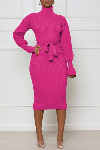 Rose Red Wine Red High Neck Lantern Sleeve Waist Lace Up Bodycon Knit Midi Sweater Dress For Casual & Party Wear