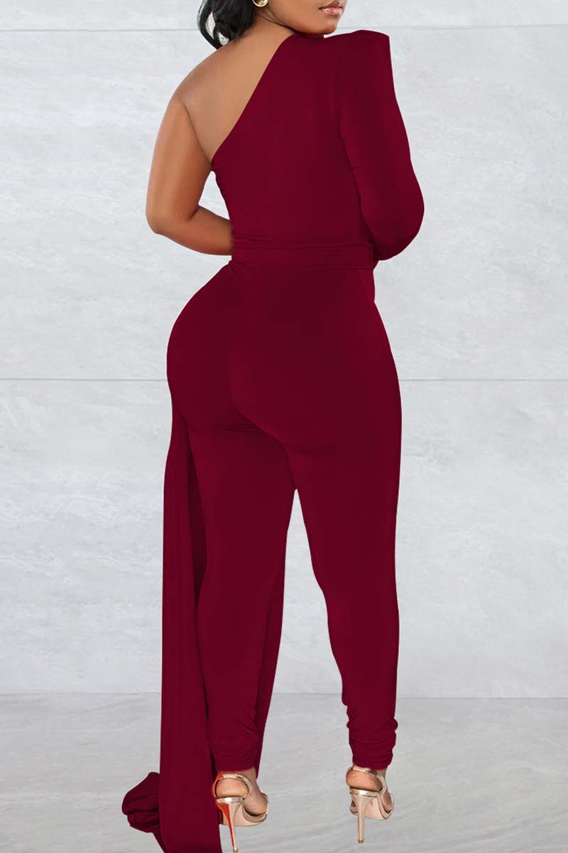 Casual Solid Patchwork Backless Oblique Collar Regular Jumpsuits (Without Belt)