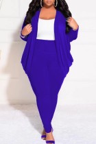 Blue Casual Solid Cardigan Pants Cardigan Collar Plus Size Two Pieces