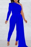 Blue Casual Solid Patchwork Backless Oblique Collar Skinny Jumpsuits