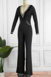 Black Sexy Solid Patchwork Feathers Hot Drill V Neck Straight Jumpsuits