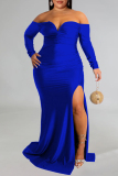 Blue Sexy Formal Solid Backless Slit Off the Shoulder Evening Dress Plus Size Dresses