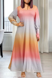 Pink Yellow Casual Not Positioning Printed Tie-dye O Neck Long Sleeve Plus Size Dresses