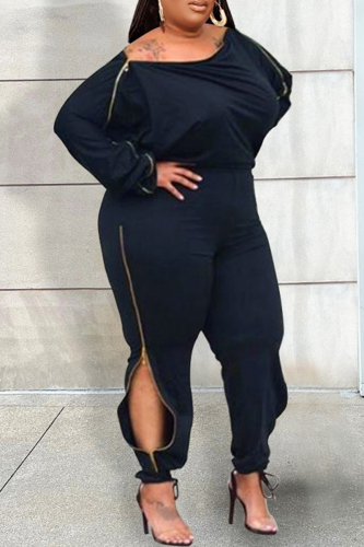 Tibetan Blue Casual Solid Patchwork Zipper O Neck Plus Size Jumpsuits