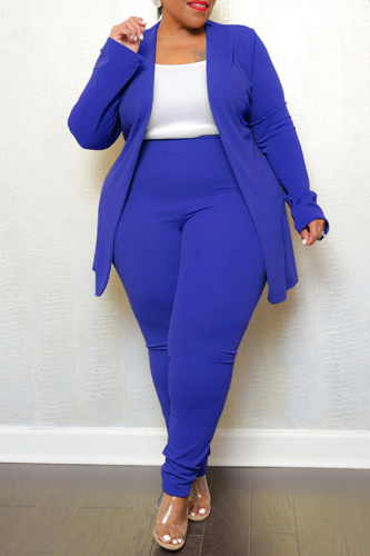 Blue Casual Solid Cardigan Pants Turn-back Collar Plus Size Two Pieces
