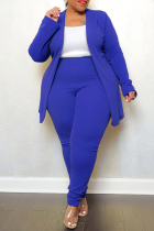 Blue Casual Solid Cardigan Pants Turn-back Collar Plus Size Two Pieces
