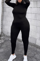 Black Casual Sportswear Solid Patchwork O Neck Plus Size Jumpsuits