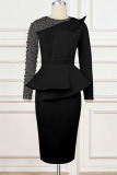 Black Elegant Solid Patchwork Beading O Neck One Step Skirt Dresses