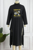 Black Casual Print Slit Half A Turtleneck Long Sleeve Dresses