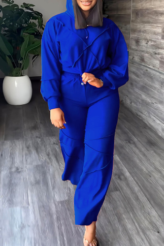 Blue Casual Solid Patchwork Hooded Collar Long Sleeve Two Pieces