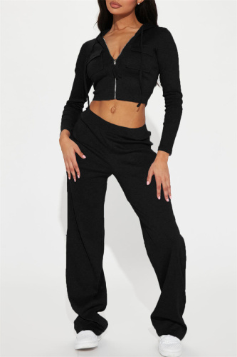 Black Casual Solid Patchwork Zipper Collar Long Sleeve Two Pieces