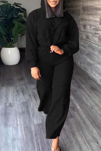Black Casual Solid Patchwork Hooded Collar Long Sleeve Two Pieces