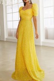 Yellow Sexy Formal Solid Sequins Patchwork Square Collar Evening Dress Dresses