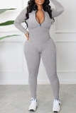 Apricot Casual Solid Patchwork Zipper Collar Skinny Jumpsuits