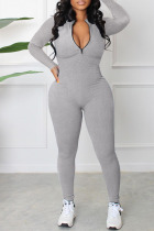 Light Gray Casual Solid Patchwork Zipper Collar Skinny Jumpsuits