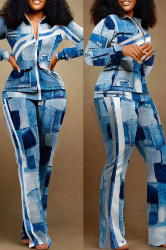 Blue Casual Street Print Patchwork Zipper Long Sleeve Two Pieces