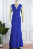 Blue Sexy Solid Tassel Patchwork V Neck Evening Dress Dresses