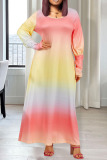Pink Orange Casual Not Positioning Printed Tie-dye O Neck Long Sleeve Plus Size Dresses