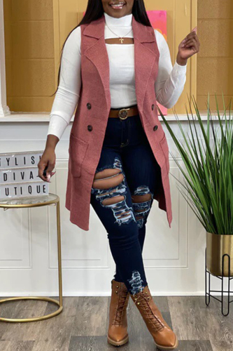 Pink Casual Solid Cardigan Turndown Collar Outerwear