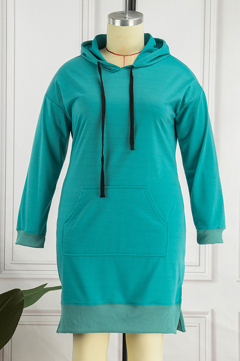 Slit Long Sleeve Hooded Dress with Pocket