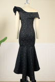 Black Elegant Patchwork Flounce Asymmetrical Oblique Collar Evening Dress Dresses