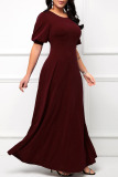 Burgundy Casual Solid Patchwork O Neck Long Dress Dresses