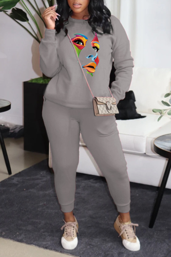 Grey Street Print Patchwork O Neck Long Sleeve Two Pieces