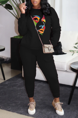 Black Street Print Patchwork O Neck Long Sleeve Two Pieces