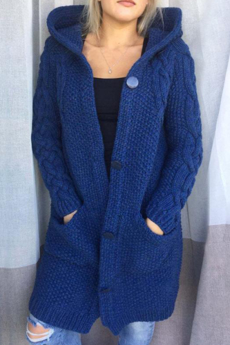 Blue Casual Solid Cardigan Hooded Collar Outerwear