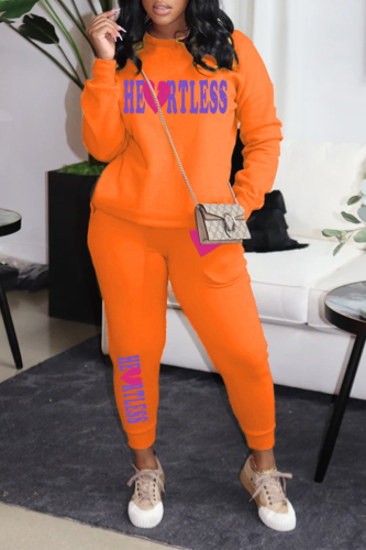 Orange Casual Print Patchwork O Neck Long Sleeve Two Pieces