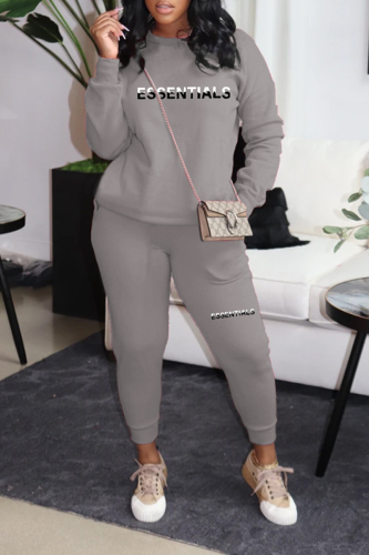 Grey Street Print Letter O Neck Long Sleeve Two Pieces