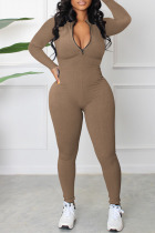 Coffee Casual Solid Patchwork Zipper Collar Skinny Jumpsuits