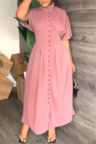 Pink Casual Solid Patchwork Half A Turtleneck Long Dress Dresses
