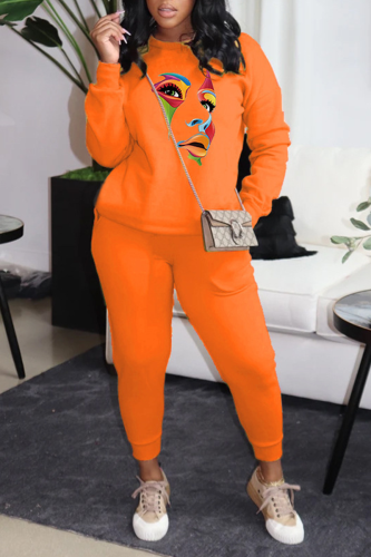 Orange Street Print Patchwork O Neck Long Sleeve Two Pieces