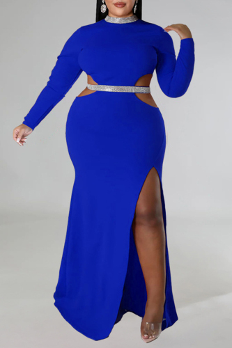 Blue Sexy Formal Solid Hollowed Out Patchwork Slit Half A Turtleneck Long Sleeve Plus Size Dresses