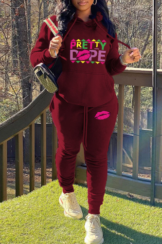 Burgundy Street Print Patchwork Letter Hooded Collar Long Sleeve Two Pieces