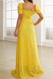 Yellow Sexy Formal Solid Sequins Patchwork Square Collar Evening Dress Dresses