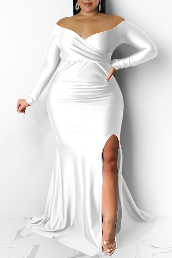 White Sexy Formal Solid Backless Slit Off the Shoulder Long Sleeve Plus Size Dresses