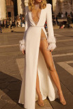 White Sexy Formal Patchwork See-through Slit O Neck Long Sleeve Dresses