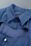 Blue Casual Solid Hollowed Out Patchwork Turndown Collar Long Sleeve Two Pieces