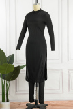 Black Casual Solid Slit Half A Turtleneck Long Sleeve Two Pieces