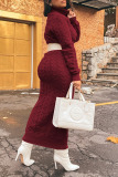 Burgundy Casual Solid Patchwork Turtleneck Straight Dresses(Without Belt)