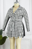 Black And White Casual Print Patchwork Turn-back Collar Long Sleeve Plus Size Dresses